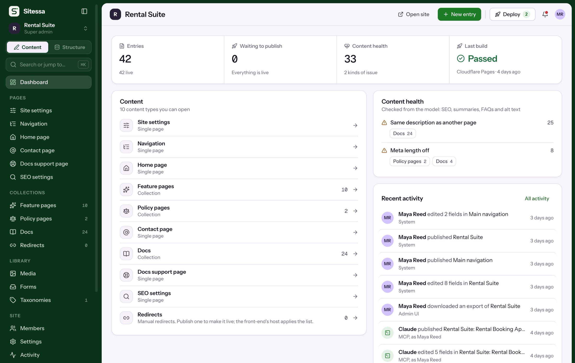 Rental Suite dashboard: 42 entries, 10 content types