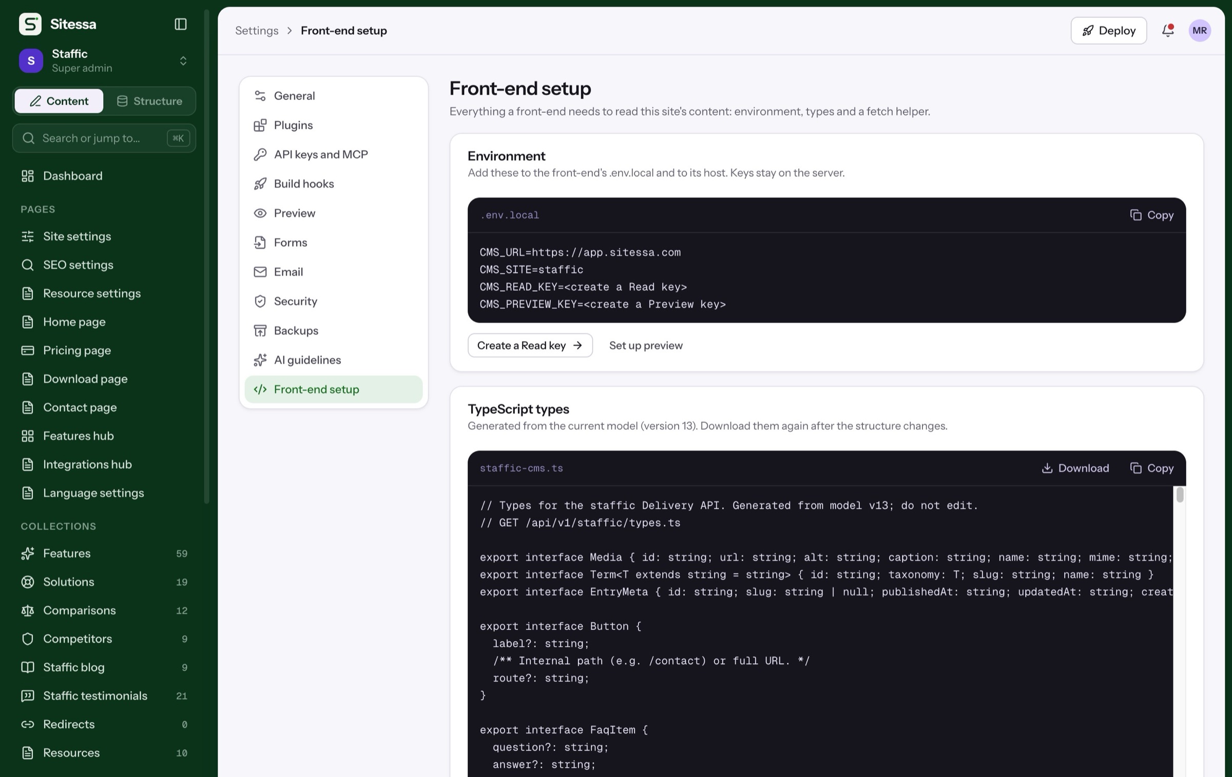 Front-end setup in Sitessa: environment variables and generated TypeScript types