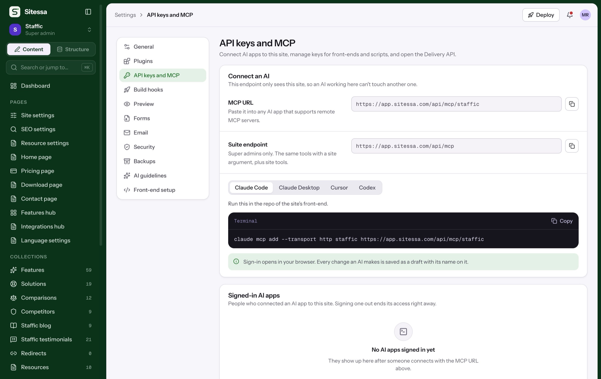 Sitessa's API keys and MCP settings for the Staffic site, with the MCP URL and setup tabs for Claude Code, Claude Desktop, Cursor and Codex