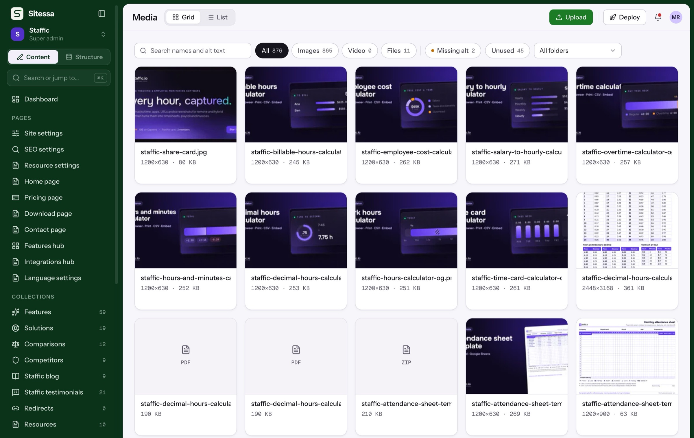 The media library with filters for images, files, missing alt text and unused files
