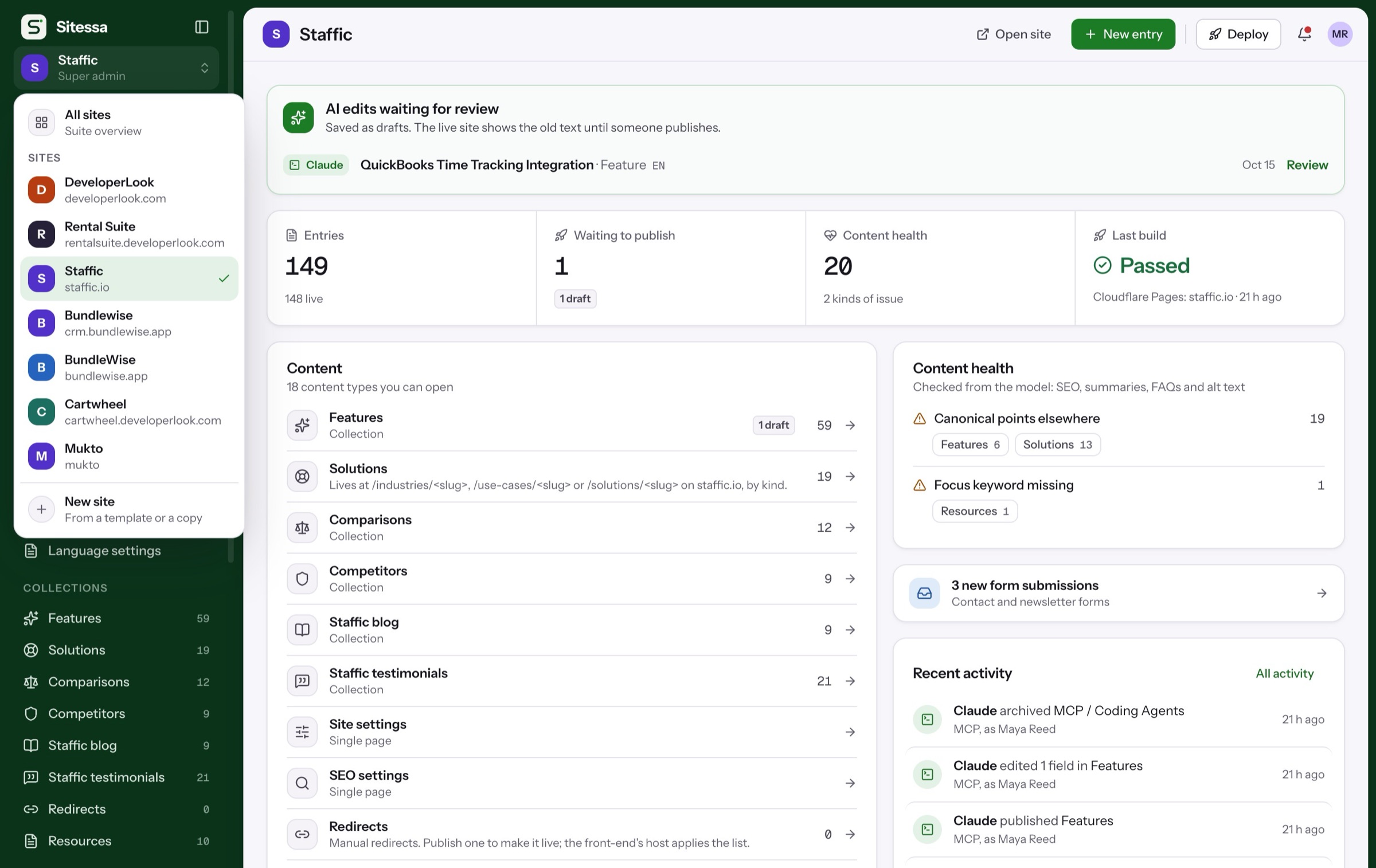 The site switcher listing every site in the suite